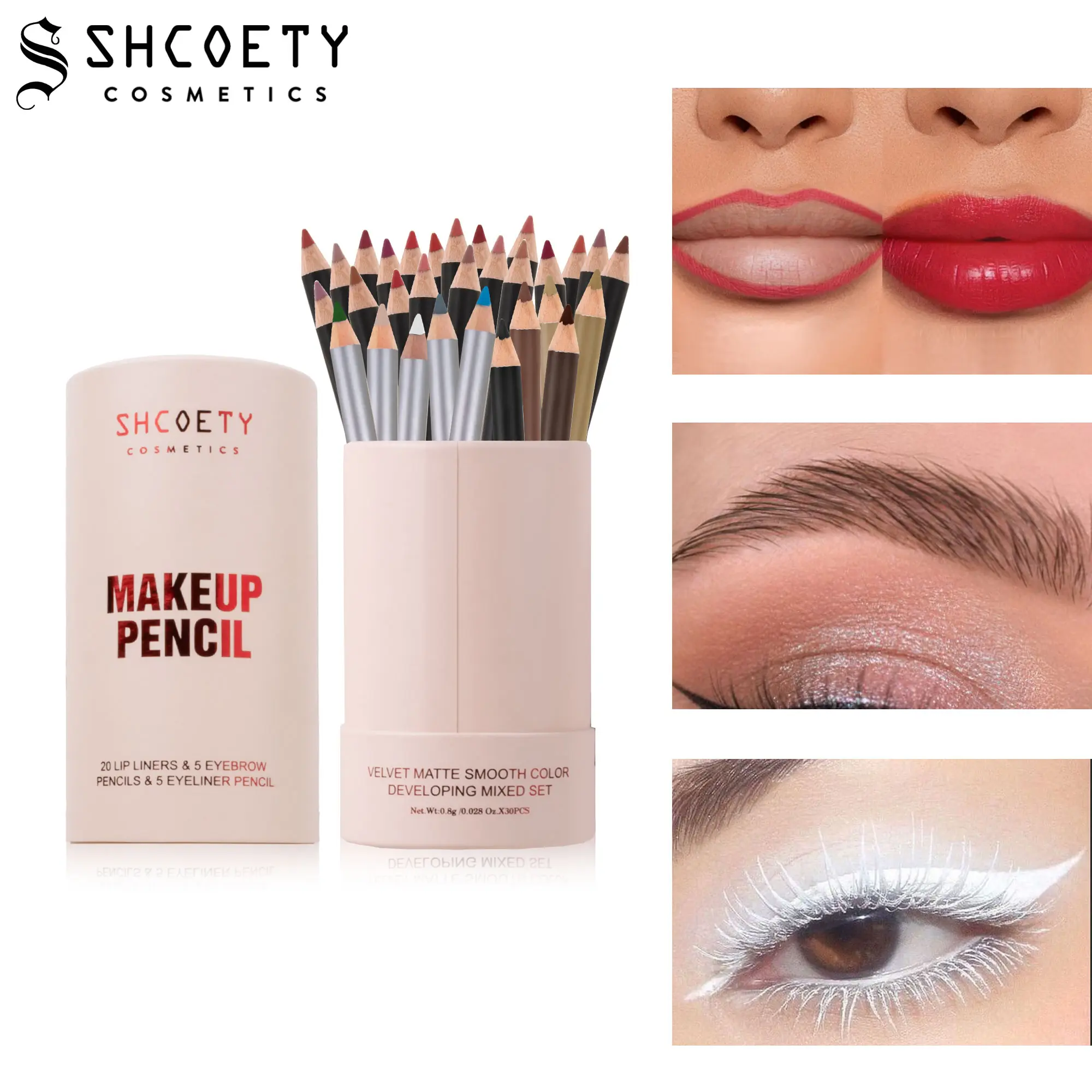 From Lips to Brows to Eyes, 30-Piece Multi-Color Makeup Pencil Set, 20 Lip Liners + 5 Brow Pencils + 5 Eyeliners for Daily Makeup
