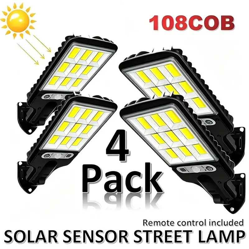 Solar Outdoor Lights 2/4-Pack, 6000 Lumens 108COB LED Solar-Powered Motion Sensor Wall Lamp - IP65 Waterproof, Remote Control, Durable Security Light for Outside Wall, Garden, Porch Hanging
