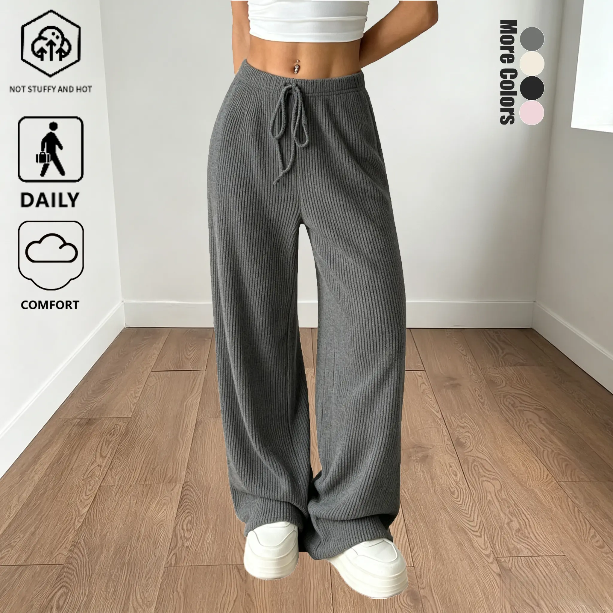 Women’s Basic Solid-Color Ribbed Knit Wide-Leg Floor-Length Bottoms, Elastic Drawstring Waist, Straight Cut, Comfortable Skin-Friendly Breathable Fit, Elegant Simple Design for Commuting, Everyday Wear, Bottom, Trouser