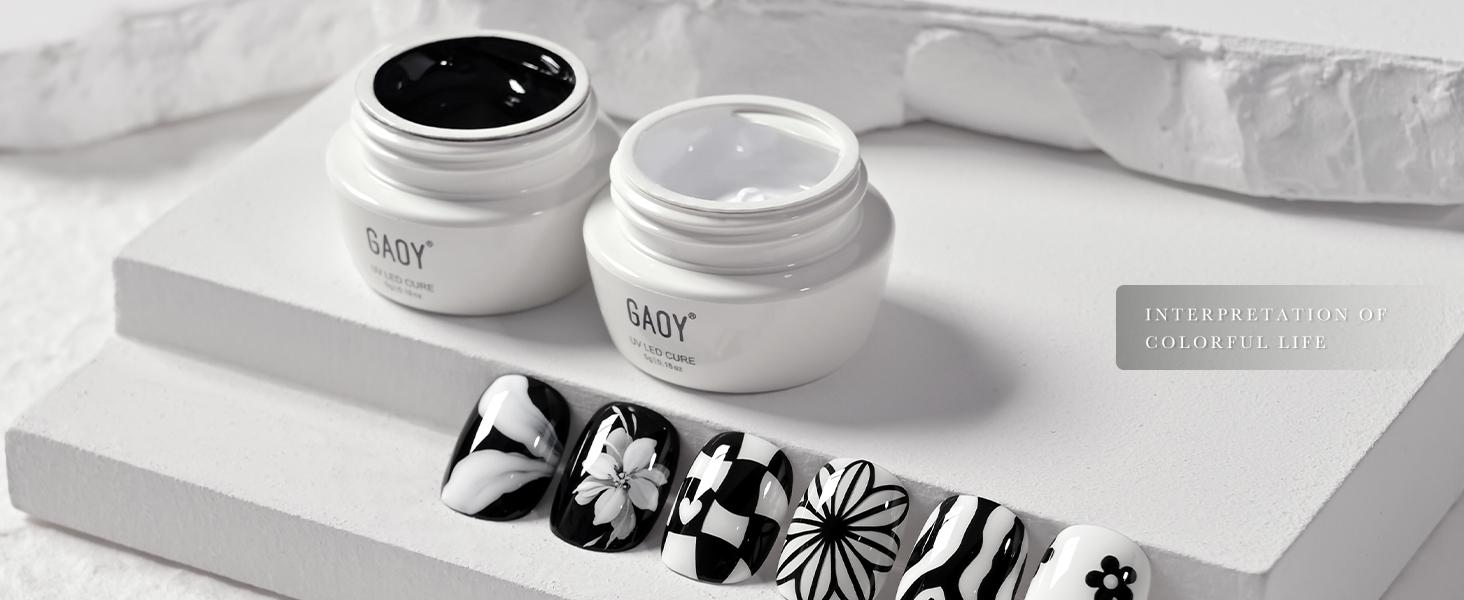 GAOY Black & White Painting Gel for Nail Art, No Wipe Creamy Gel Polish for Lines, Floral Designs, Patterns or French Nail Salon and Home DIY, UV Light Cure