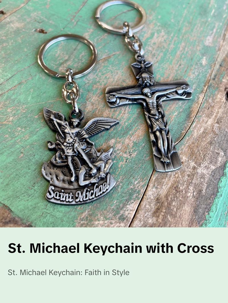 Saint Michael Oxidized Keychain with Cross and Eagle Design