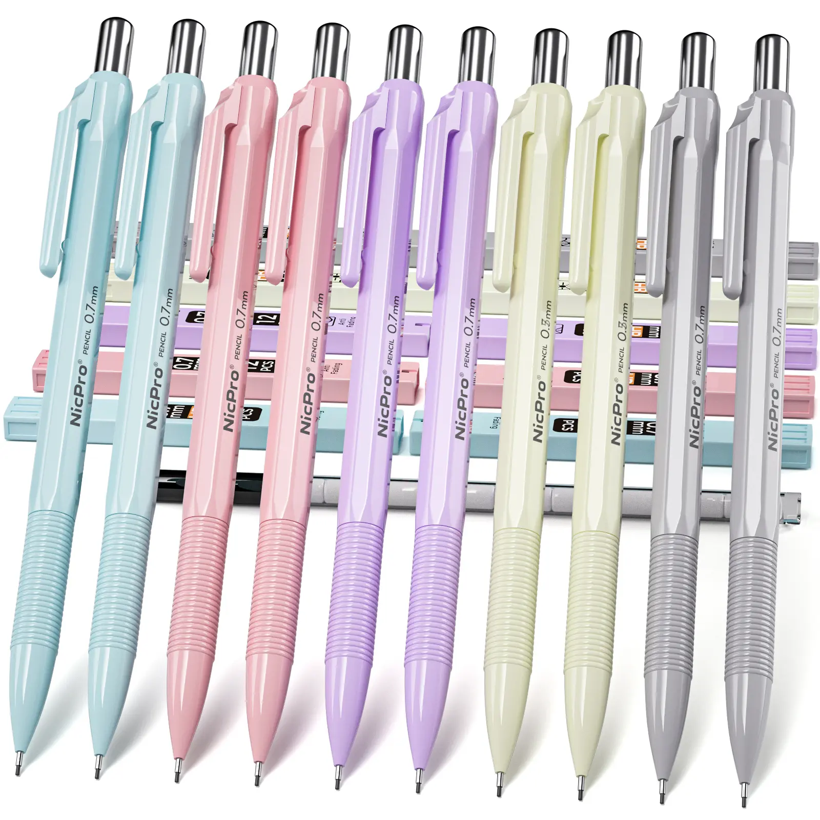[Buy 2 Get 1] Nicpro 10 Pack Mechanical Pencil Bulk Set with Case, Cute Candy Pastel Art Drafting Pencils with 10 Tube HB Lead Refills, Eraser for Kid School Students Artist Writing Drawing, Sketching