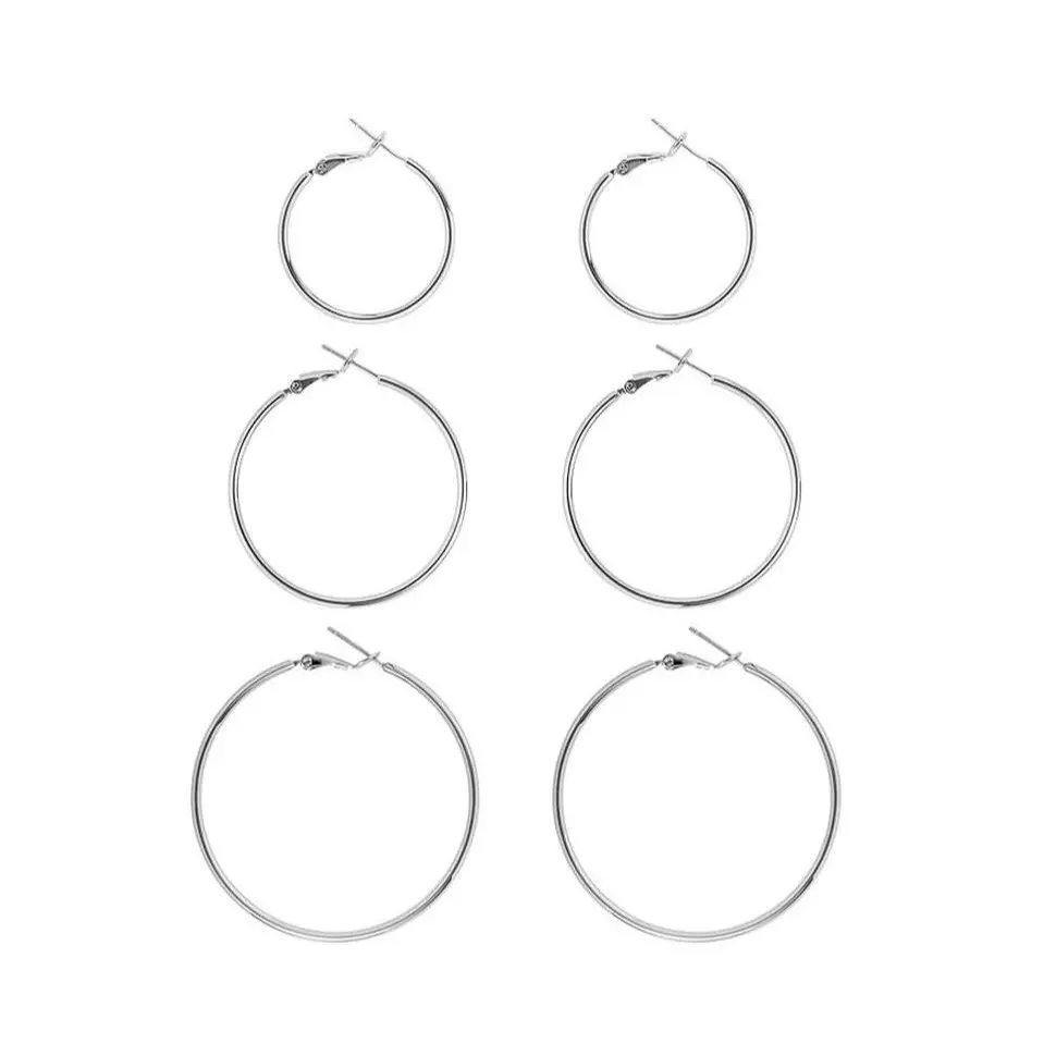 3 Pairs 40 50 60mm Big Hoop Earrings For Women Large Hypoallergenic Circle Endless Thin Oversize Silver Hoops