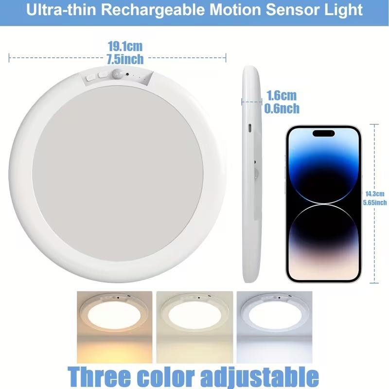 4Pcs Rechargeable Motion Sensor LED Ceiling Light, Wireless Battery-Operated Overhead Lamp, 3-Color Dimmable Indoor Light for Closet, Pantry, Hallway, Shower, Shed, Modern Semi-Flush Mount(5000amh)