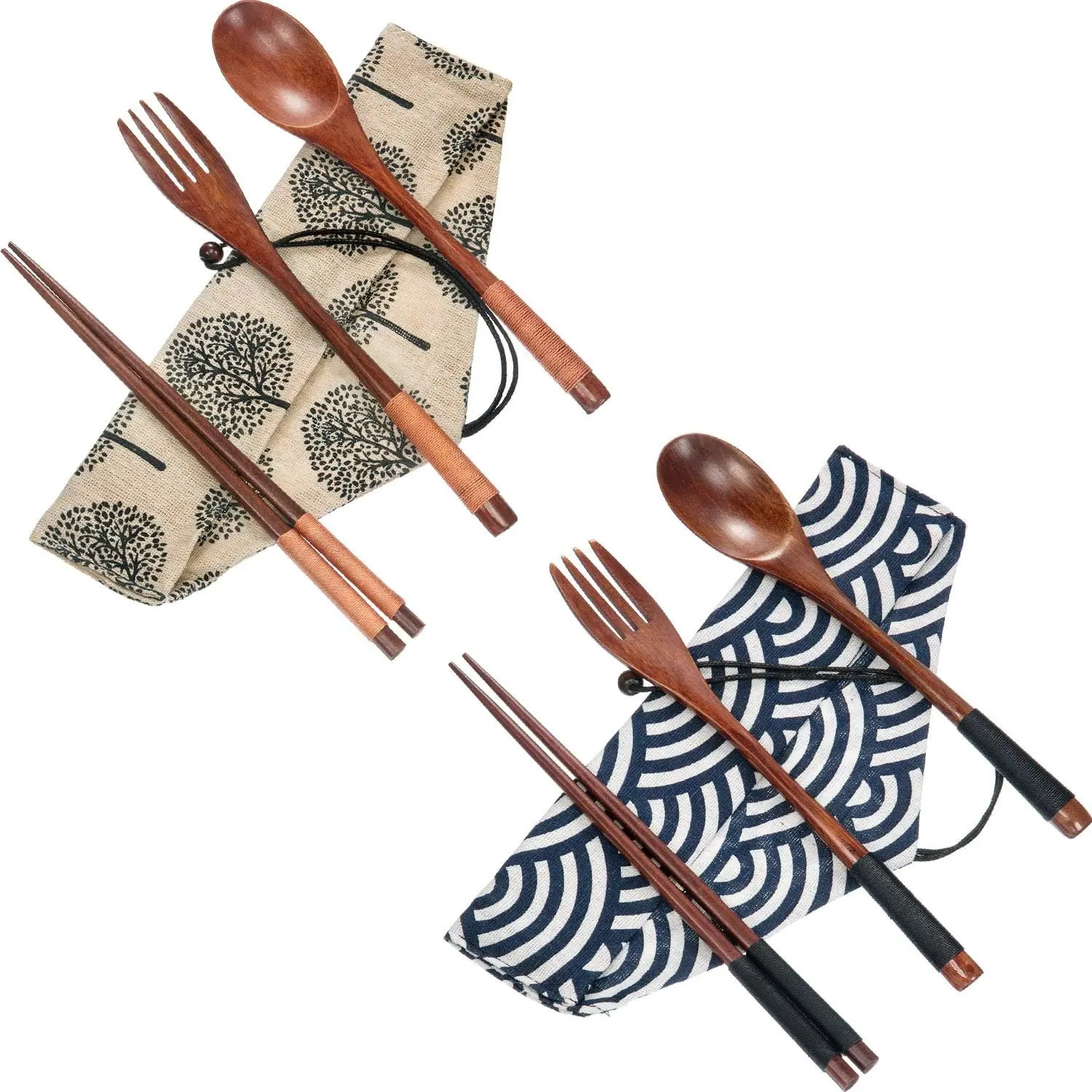 2-Set Compact Bamboo Wooden Cutlery Tableware Set with String Handle Storage Case - Reusable, Portable Utensils (Chopsticks, Forks, Spoons) with Comfortable Grip for Camping, Barbecues, Street Food