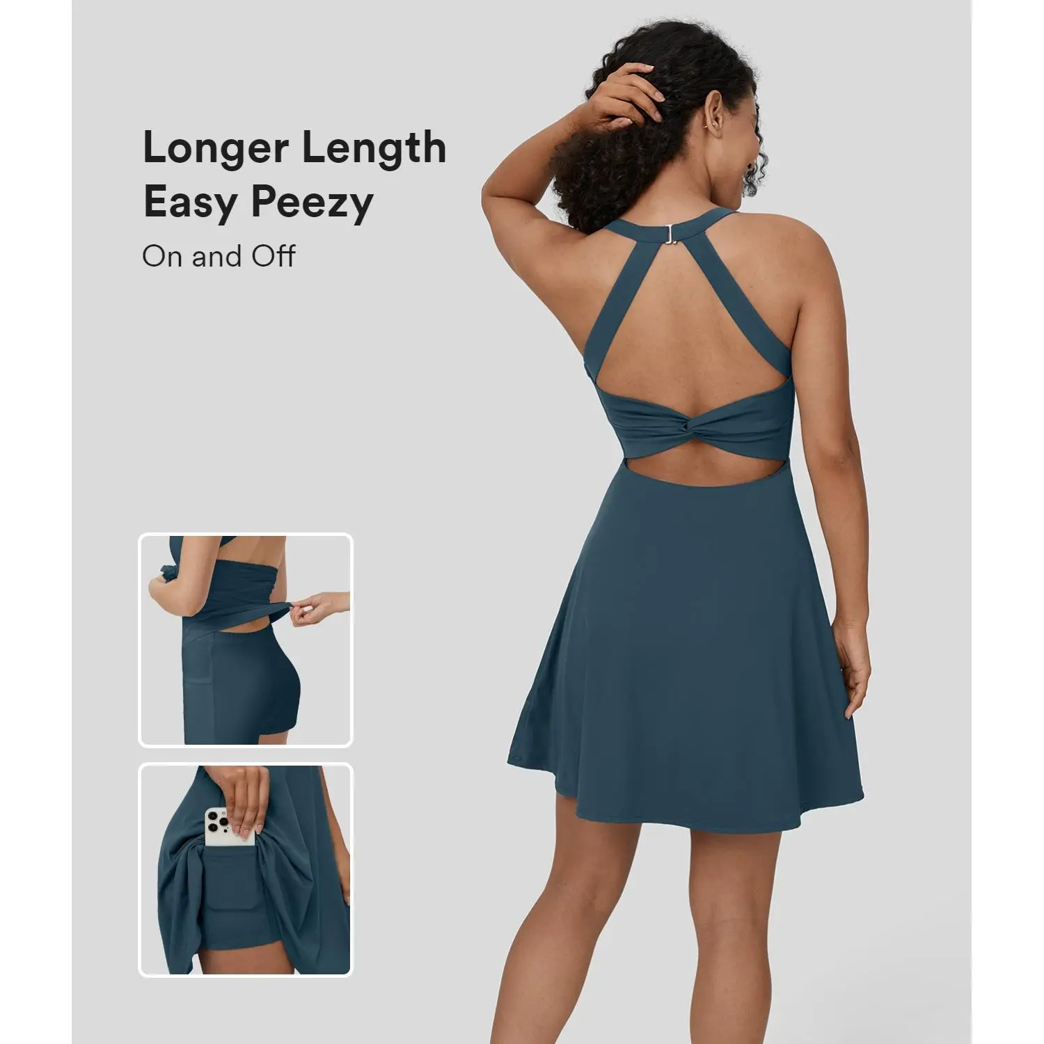 Halara SoftlyZero Airy Backless Twisted Flare Low Support Dance Active Dress-Longer Length-Easy Peezy Edition A-D Cups