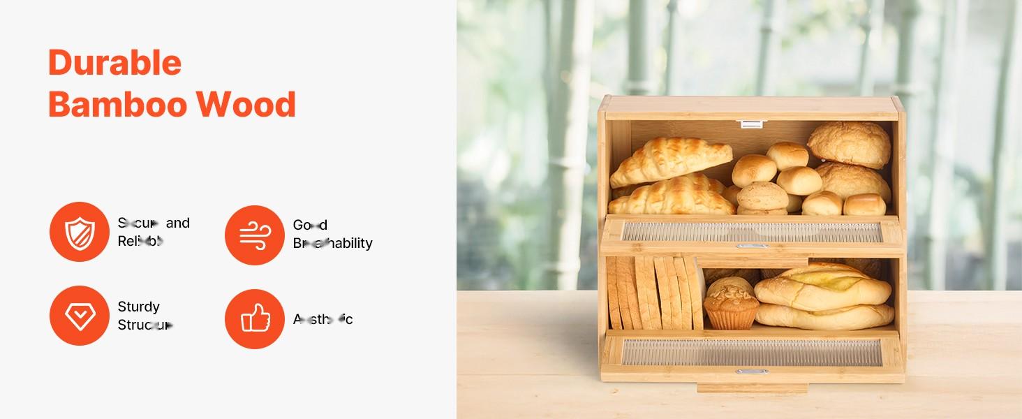 Double Layer Bread Box For Kitchen Counter - Bamboo Storage Container Natural Finish, Two-Tier, Airtight Seal, Stackable Pantry Organizer, Eco-Friendly Natural Bamboo Bread Keeper, Countertop Organization And Fresh Bread Storage