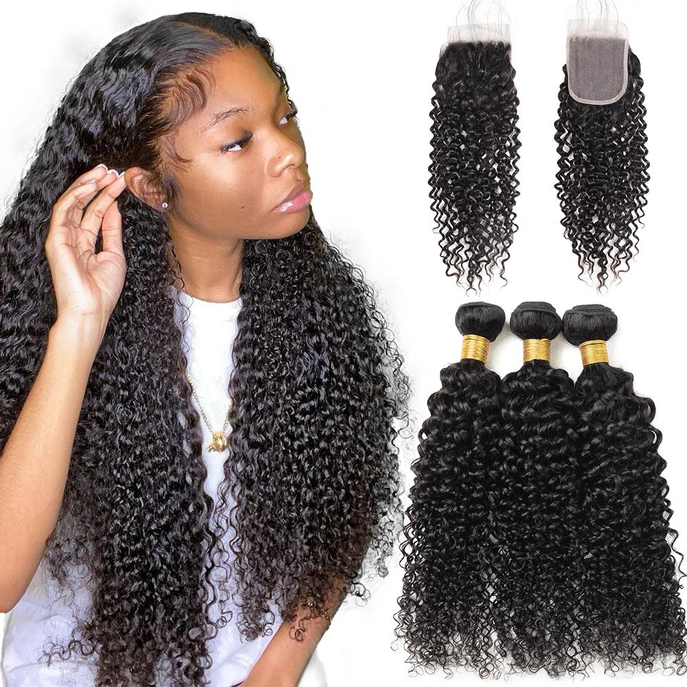 Curly Hair Bundles with Closure Virgin Human Hair Bundles with Closure 4x4 Lace Closure with 3 Bundles Mongolian Curly Quick Weave