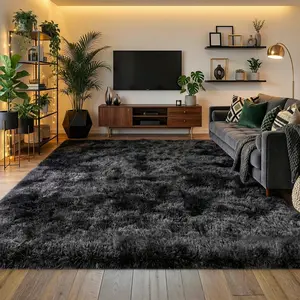 Living Room Rugs Bedroom Rugs, Ultra-Soft Plush Fluffy Shaggy Area Rug, Washable Non-Slip Soft Carpet with 4 Free Rug Grippers, for Kids Room Nursery Dorm Playroom Pet Friendly Modern Home Decor, Sizes 4x6 5x7 6x9 8x10 9x12 10x14, Tie-dye Black Grey Rug