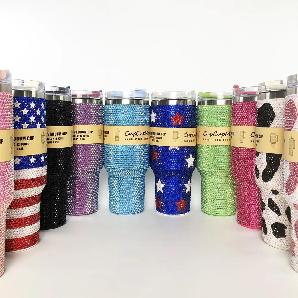Cupcupmore Live 40oz Rhinestone Shine Stainless Steel Sippy Tumbler - Portable Vacuum Insulated Thermal Flask with Straw, Lid, Handle for Easy Grab, Sparkle Car Cup Holder, Keeps Drinks Cold 12H, Hot 6H for Coffee, Water, Us-Flag