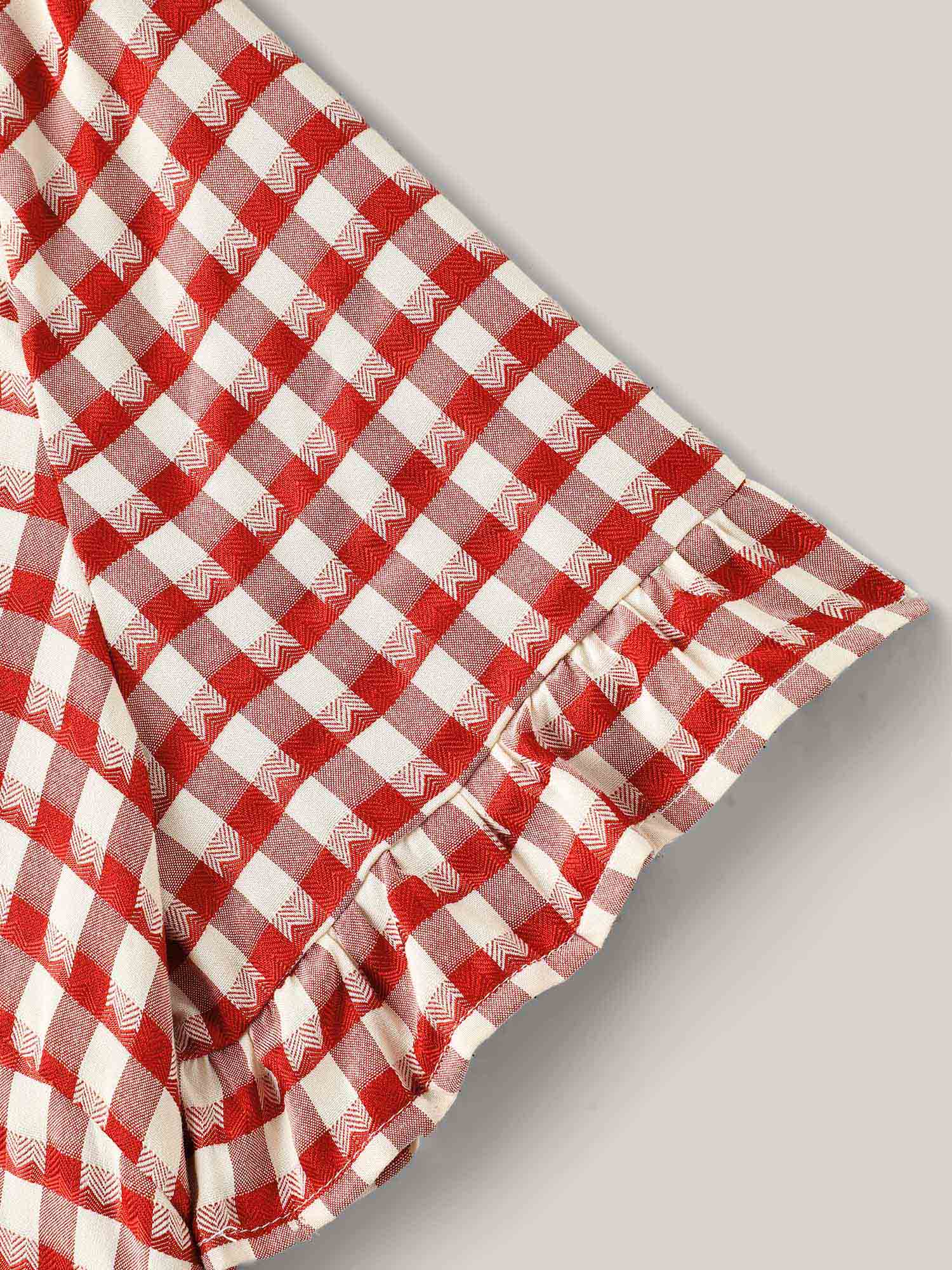 Boho Style Blouse - Fitted Plaid Print Button-Back Short-Sleeve Top with Ruffle Sleeves, Round Neckline, Bright Red/Indigo Cute Tops for Women [M-6X] 2026 Summervibes Swimweek, Boho Style Shirt,summerwins Casual Classy Top Casual Classy Fashion