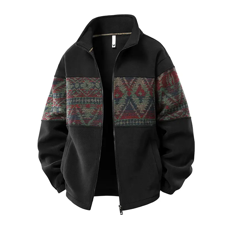 Men's Ethnic Pattern Full-Zip Fleece-Lined Long Sleeve Knitwear Sweater Coat, Stand Collar Loose Casual Menswear Top, Autumn Winter Everyday Wear (Sizes S-4XL)