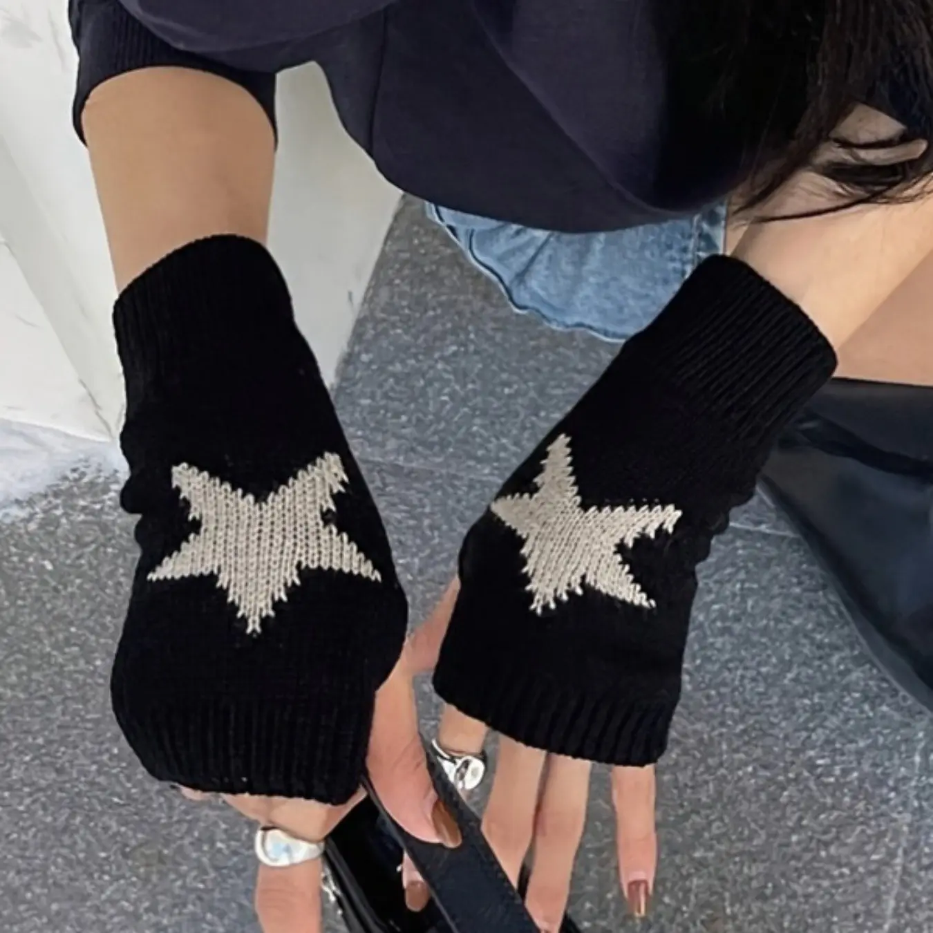 Star Pattern Fingerless Gloves, All-Season Comfort, Fashionable Modern Arm Warmers, Valentine's Day Gift, 1 Pair, Seamless Knit Gloves, Warming Gloves, Hand Warmer Gloves, Gloves For Cold Weather