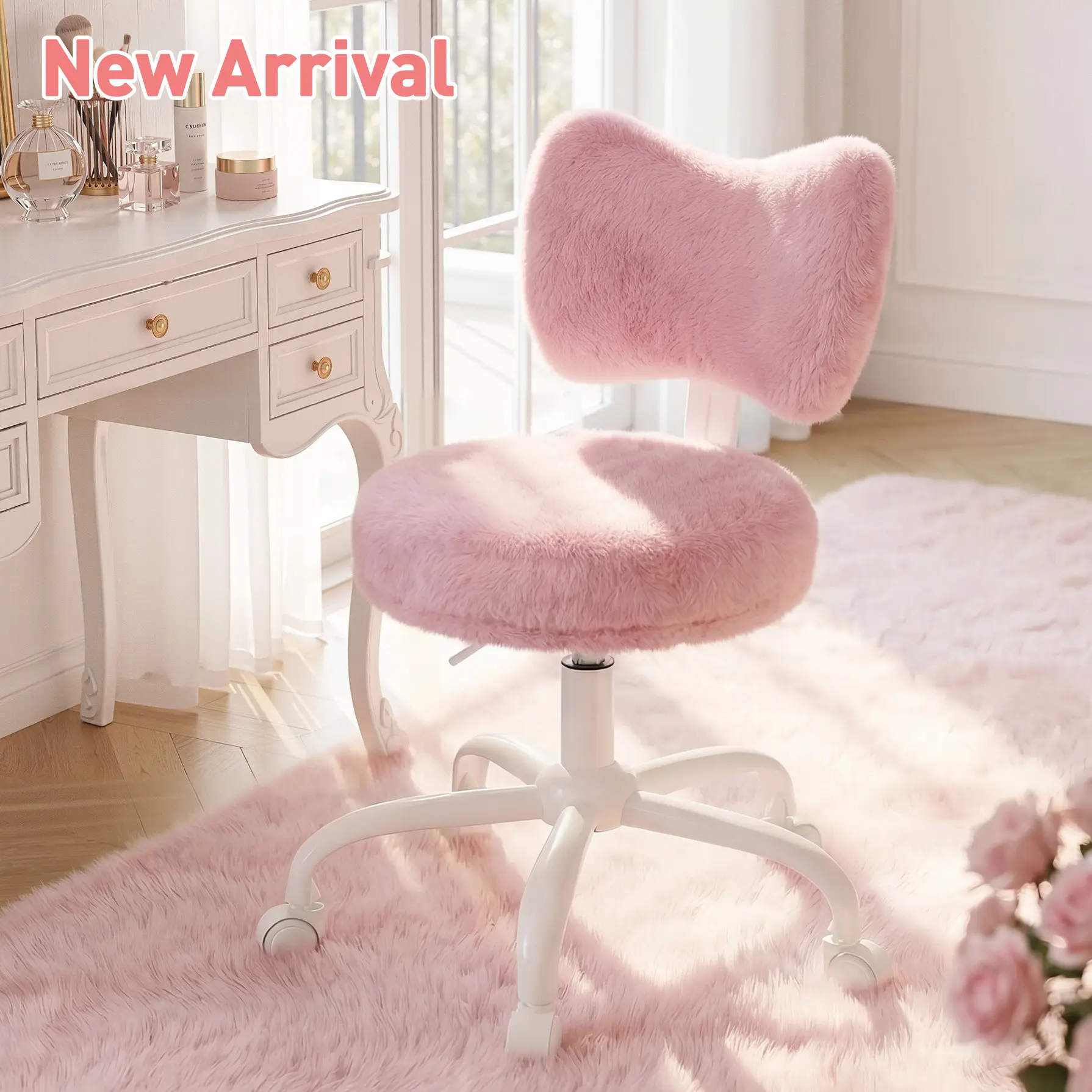 Raybee Fluffy Bow Chairs Vanity Chair with Wheels Pink Desk Chair with Cute Bow Backrest Fluffy Faux Rabbit Fur Small Office Chair for Vanity, Make-up Room, Bedroom, Dorm, Small Space, Height Adjustable, Pink, Color, Girls Gift  #TikTokShopBackToSchool