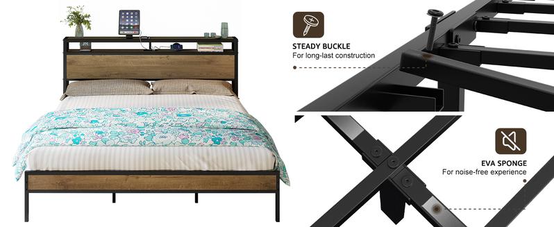 AMERLIFE Industrial Full /Queen/King Size Bed Frame,  Rustic Metal Bed Frame with 2-Tier Storage Headboard and Charging Station, No Box Spring Needed/No Mattress/Small Unique Home Furniture Room/Best Gift Ideas/Christmas Gifts