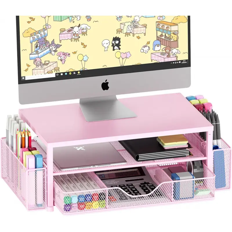 Pink Multi-Functional 2-Tier Computer Monitor Stand Riser with Drawer & 2 Pen Holders - Aesthetic Desk Organizer, Laptop Stand, Work Accessories for Women (Electronics, Office Desk Decor), Aesthetic Desk Accessories