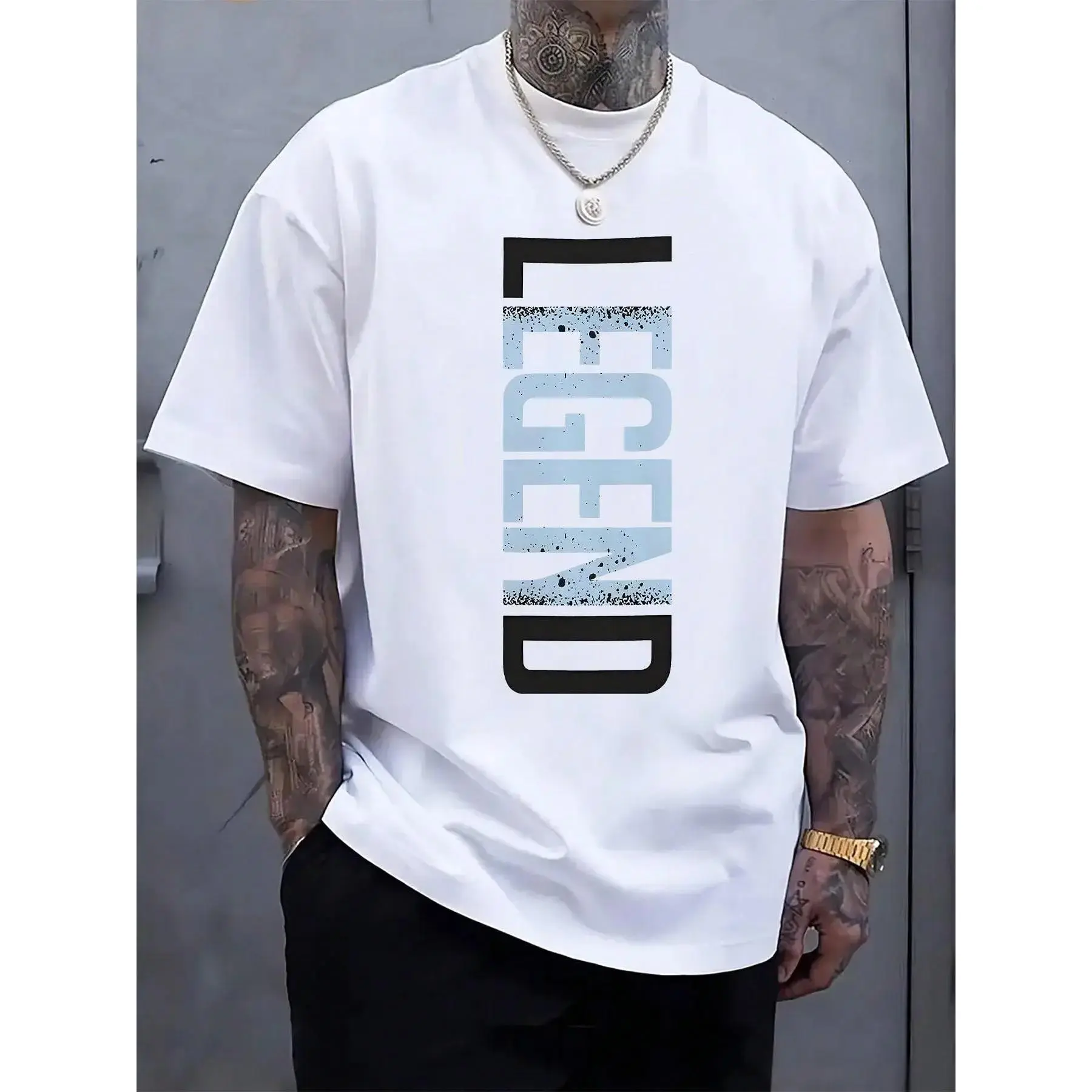 Men's Casual LEGEND Print Crew Neck Short Sleeve Aesthetic T-Shirt - Black with Blue Lettering, Lightweight Polyester Blend Graphic Tee for Office Vibe Pairing with Leather Cargo Pants