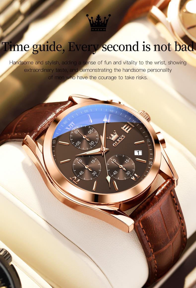 【Valentines Gift Ideas For Boys】OLEVS Watch for Men Leather Casual Chronograph Analog Dress Strap Waterproof Luminous Fashion Easy to Read Gold Case Mans Watches