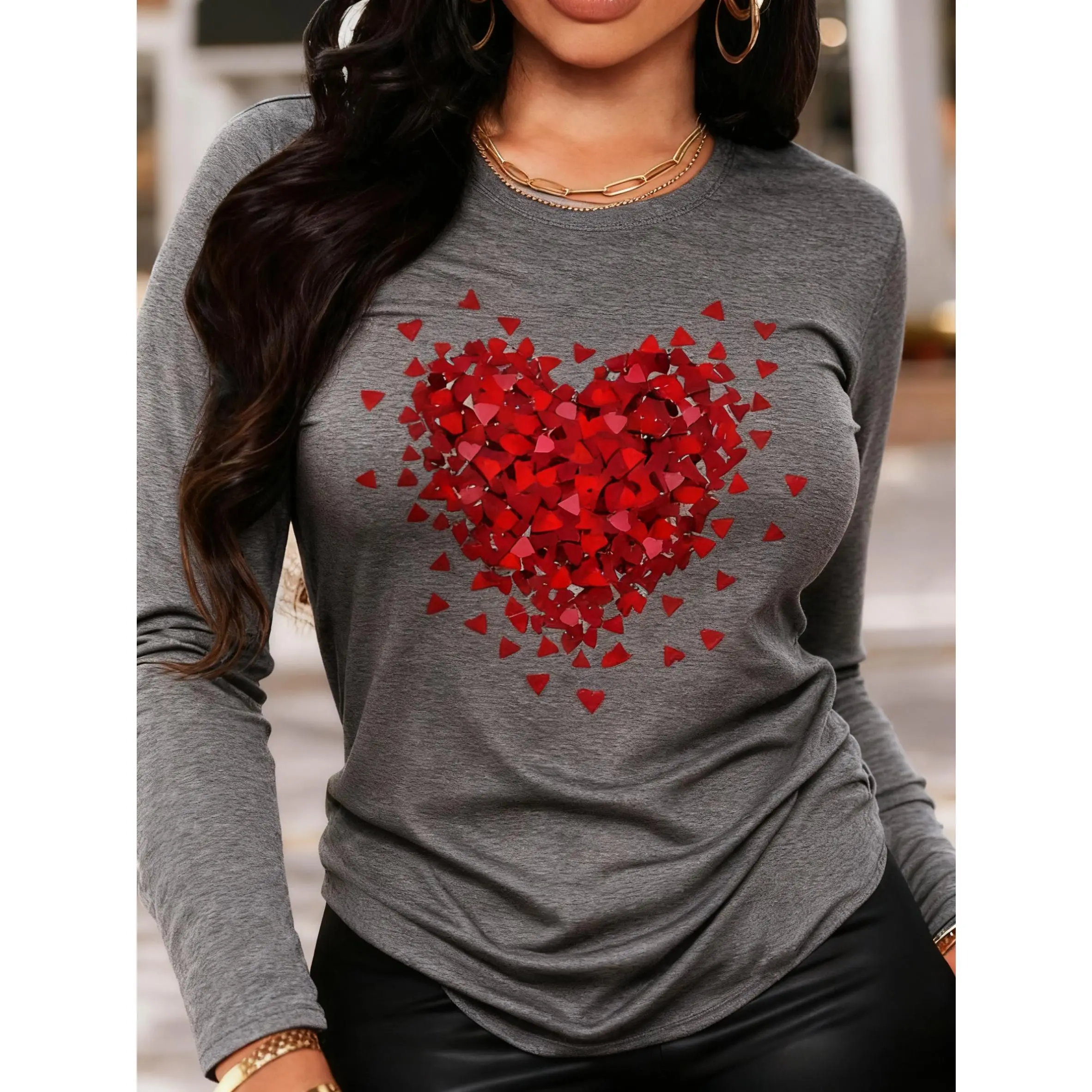 Women's Fitted Cut Long-Sleeve Round Neck Graphic Print T-Shirt - Chic, Comfortable Everyday Casual Top for Spring, Autumn, New Year Occasions