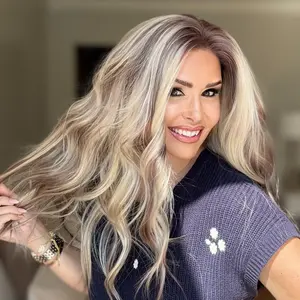 AISOM Selina Toasted Beige Blonde with Brown Lowlights Body Wave Free Part Lace Front Wig 22 Inches Low Density Heat Friendly Synthetic Hair Women Wig