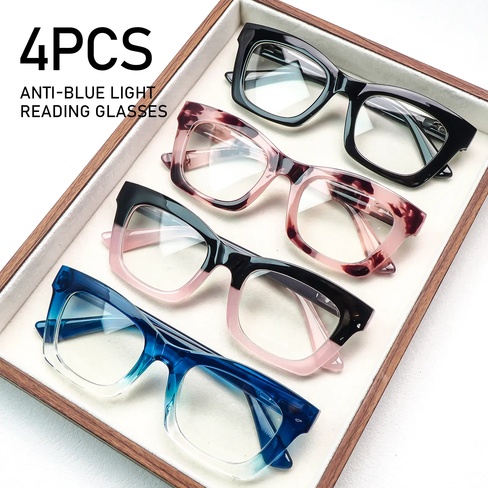 SOVCOD 4-Pack Mix Anti-Blue Light Reading Glasses, Unisex Oprah-Style Plastic Chunky Frame, Polycarbonate Lenses, Reading/Daily Wear Anytime Fashionable Eyewear Gift, Multi-Pack, Pc, Resin