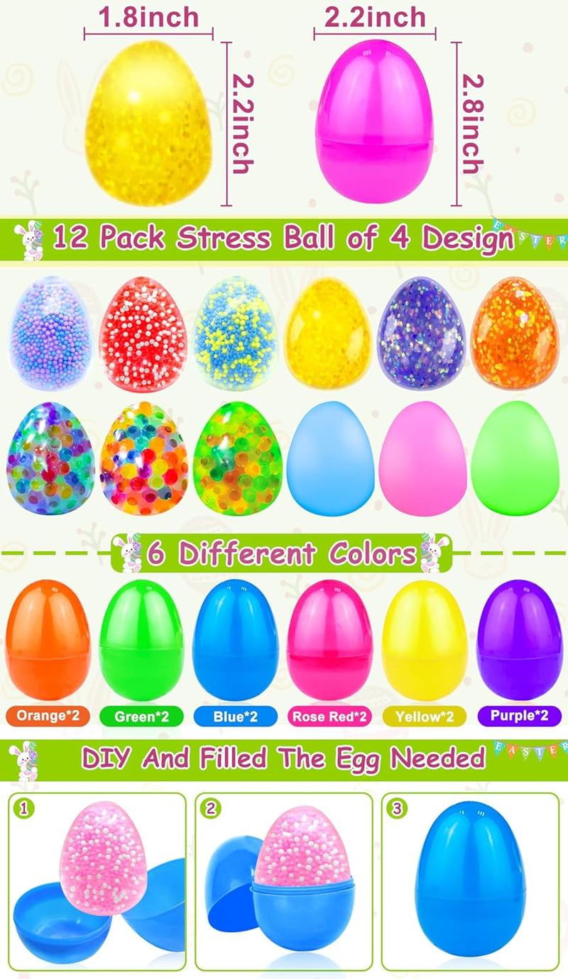 12-Pack Filled Easter Eggs with Squishy Fidget Toys – Stress Relief Balls, Easter Basket Stuffers & Party Favors for Kids, Toddlers, Classroom Prizes & Gifts