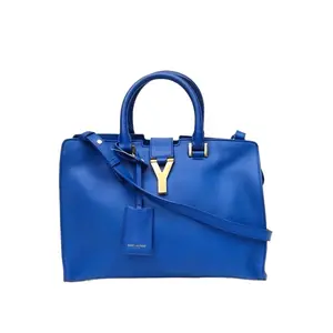 Pre-owned Yves Saint Laurent leather Tote Bags Y brand CABAS small size 30, blue color, leather, gold buckle