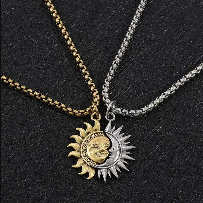 Veliora S Sun and Moon Asymmetrical Couple Necklace Niche Design All-match Simple Retro Men and Women Jewelry Brothers Necklace Gift, Gold Chain, Magnetic