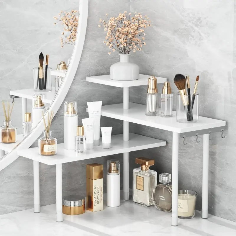 White Bamboo 3-Tier Modern Hanging Kitchen Corner Shelves - Space-Saving Organizer with Hooks, Easy Assembly, Decoration Items for Kitchenware