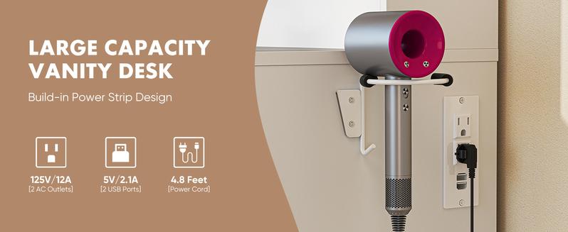 Vanity Desk with Adjustable Lighten Mirror & Power Outlet, Makeup Desk for Bedroom with a Storage Stool and 3 Drawers, 6 Storage Shelves, White Dresser for Girls