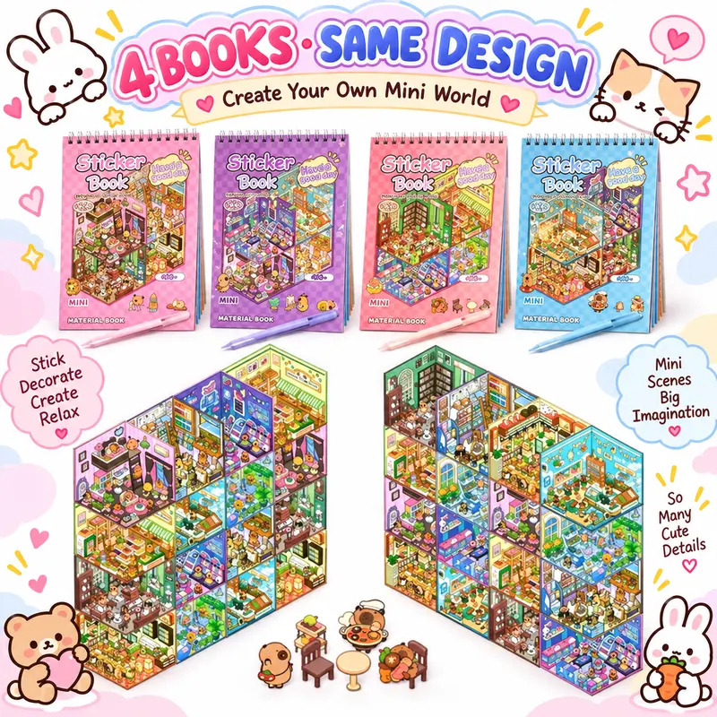 Halloween Fall Gift 4(Same Book with Different Colors) Sticker Books (1200+ Stickers), 32 DIY 3D Scene Sticker Collection with Tweezers, Reusable Creative Craft Set – Aesthetic Art Supplies & Party Favors