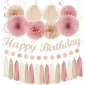 Blush-Pink Champagne Beige Happy-Birthday Party-Decorations - 31pcs 15th Women Girls Paper Lanterns Streamers Banner,Rose Gold Tissue Flowers Pom Poms Fans Tassels Graland Decor Supplies Hugmoon