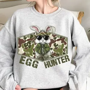 Egg Hunter Camo Cute Bunny With Backwards Hat Unisex Sweater, Retro Happy Easter Shirt, Easter Day Camo Gifts - KitchenEra