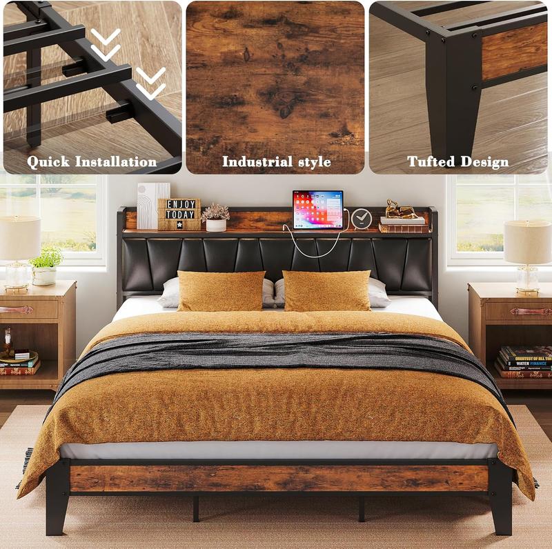 LIKIMIO Bed Frame, Storage Headboard with Charging Station, Solid and Stable, Noise Free, No Box Spring Needed, Easy Assembly