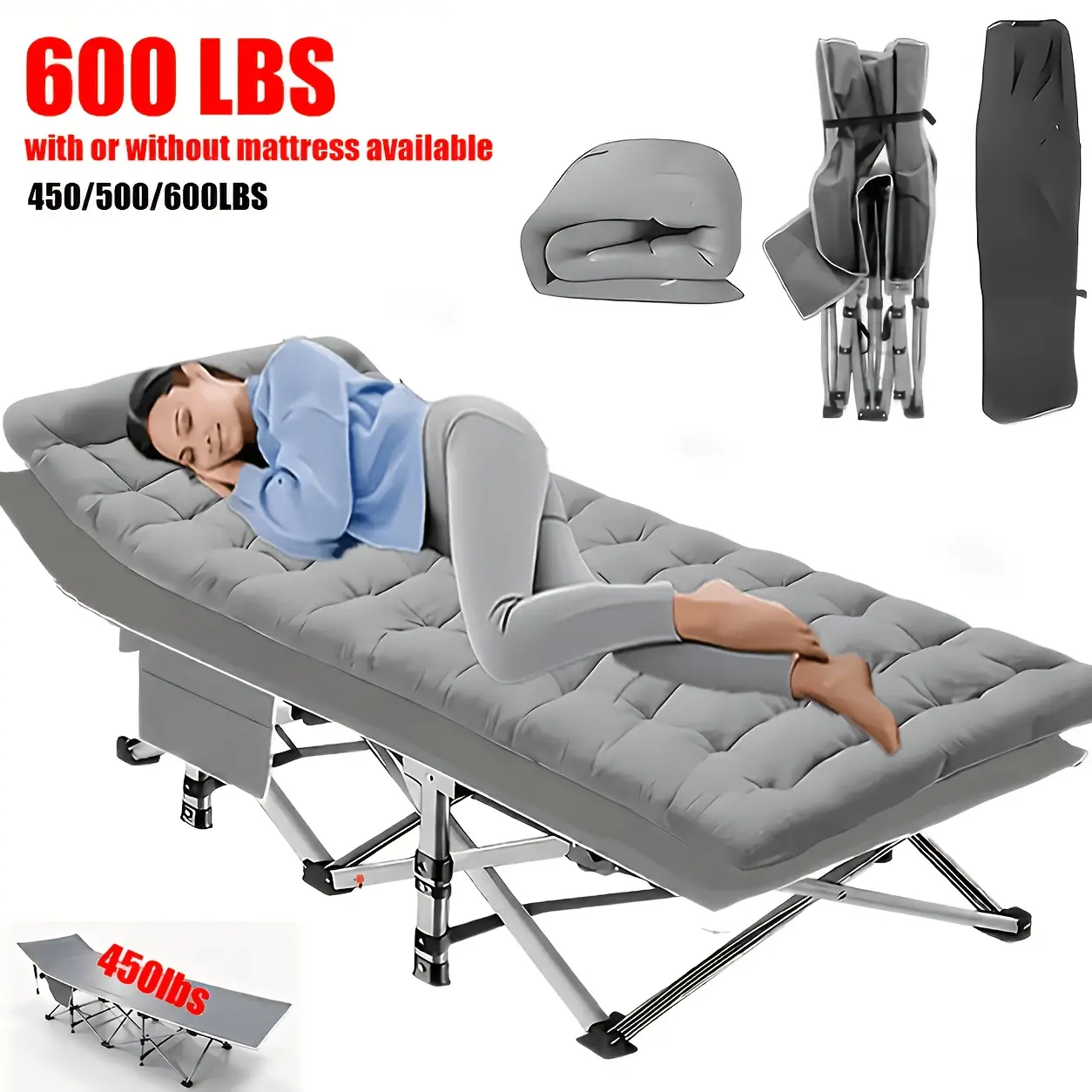75inch Outdoor folding bed, extra-large thickened camping bed, with or without flip mattress, portable foldable guest bed, 450/500/600 lbs weight capacity, heavy-duty camping bed frame, comes with a carrying bag, suitable for adults, for outdoor use only