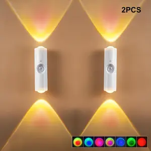 LED Motion Sensor Night Light, 7 Colors Rechargeable Wireless Stair Lights, Magnetic Stick-On Cordless Wall Lamp for Hallway, Bedroom, Bathroom, Steps, 2-Pack