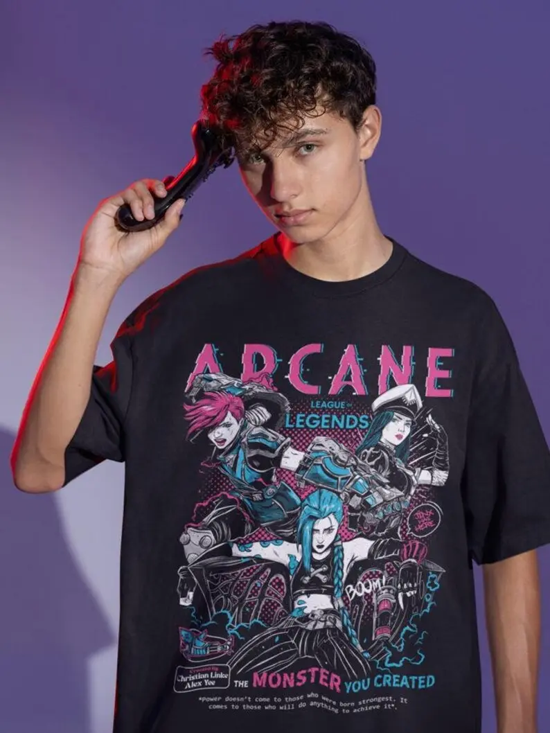 Men's Soft Stylish Cotton Arcane League of Legends Graphic T-Shirt - Jinx, Vi, Caitlyn Neon Anime Gamer Tops, Oversized Cyberpunk Streetwear Merch, All Season