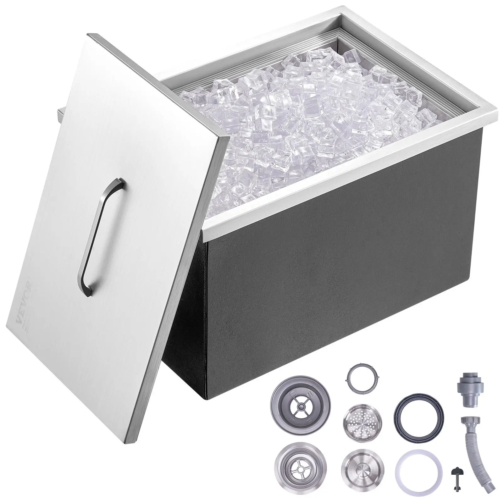 VEVOR Drop in Ice Chest,  , 22"L x 17"W x 12"H Stainless Steel Ice Cooler, Commercial Ice Bin with Cover, 40 qt Outdoor Kitchen Ice Bar, Drain-pipe and Drain Plug Included, for Cold Wine Beer#BackToSchool