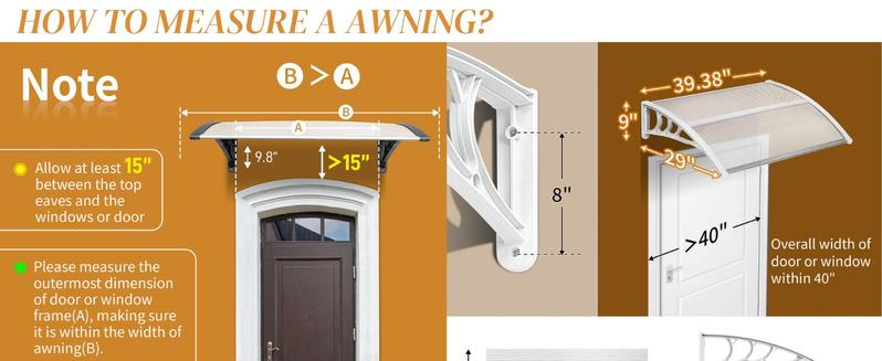 Ubesgoo Window Awning Door Canopy, Polycarbonate Cover Front Door Outdoor Patio Awning Canopy UV Rain Snow Sunlight Protection Hollow Sheet, Brown Board & White Bracket