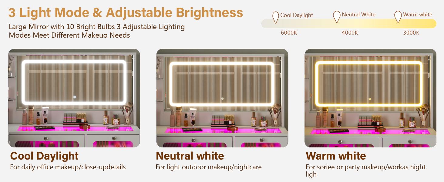 Oak-colored vanity table with mirror light fixture, three color modes, dual RGB drawers, large-capacity tempered glass cabinet body, power outlet, adjustable lighting, ample storage space, built-in charging station