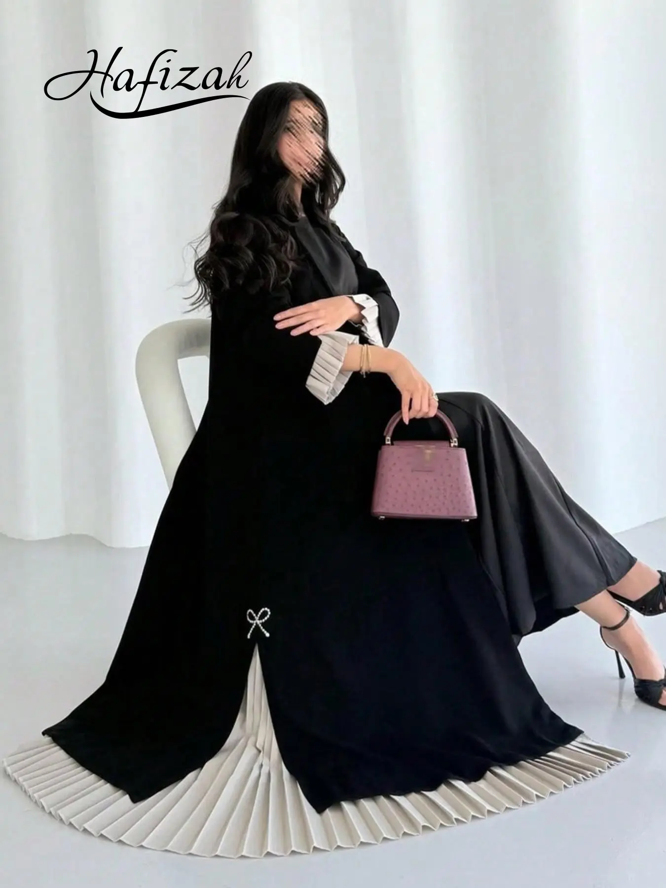 Hafizah Commuter Party Casual Pleated Cape Modest Style Islamic Abaya, Pearl Bow Loose Fit Outerwear, Muslim Luxury Women's Clothing, Islamic Modesty Clothes, All Seasons Plain Pattern