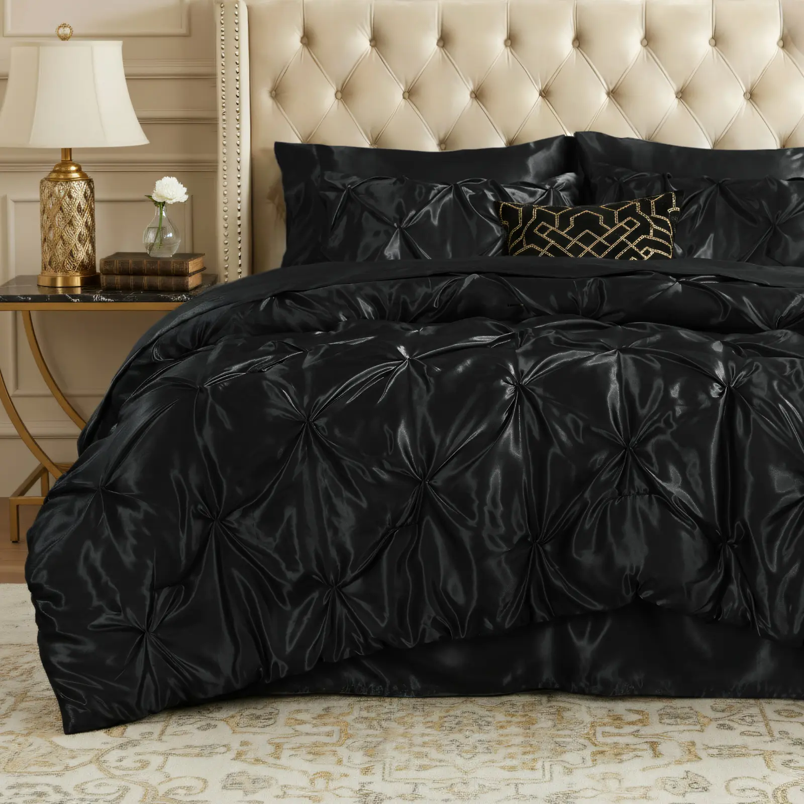Bedelite Satin Comforter Set 7 Pieces Luxury Pintuck Bed in A Bag with Comforter, Flat Sheet Shams, Soft Sheet, Fitted Sheet, Pillowcases, Summervibes cozy Similar to Silk Bed Set for All Seasons gift Bedding Set Bedset Beddingsets