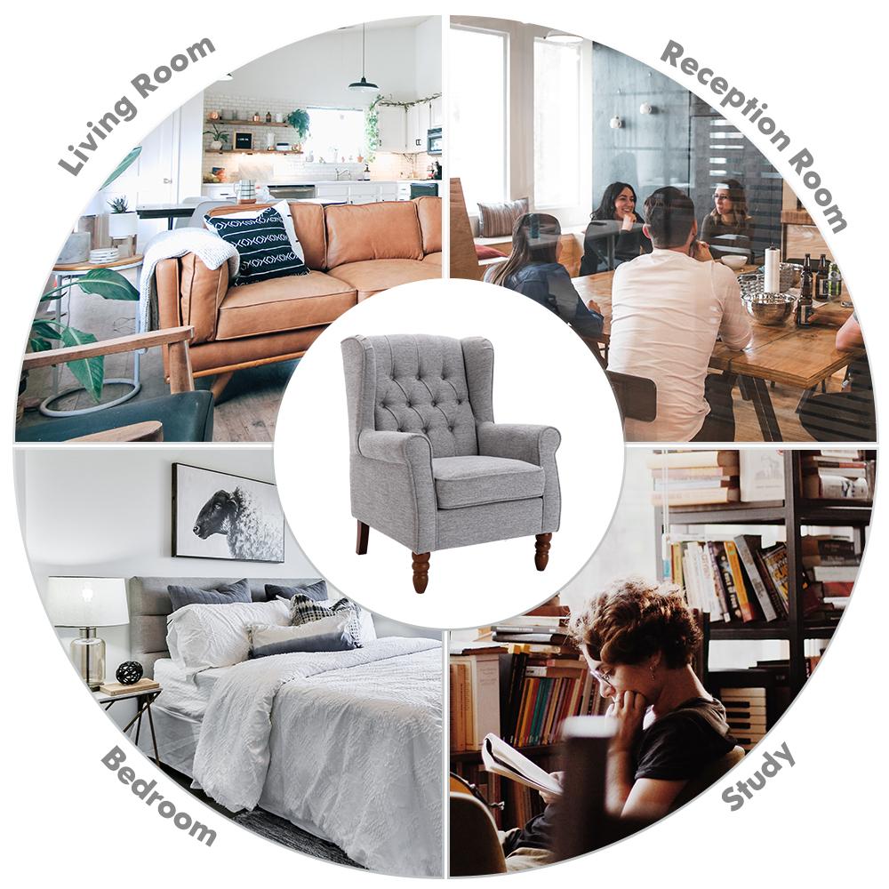 COLAMY Button Tufted Wing Back Accent Chair, Thick Upholstered Arm Chair with Trim Rubber Wood Legs, Comfortable Mid-Century Sofa Chair Modern Reading Chair for Living Room and Bedroom