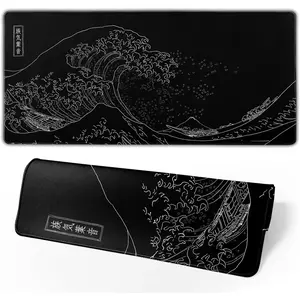 Japanese Wave Desk Mat | Large Extended Black Mouse Pad – Minimalist Kanagawa Style