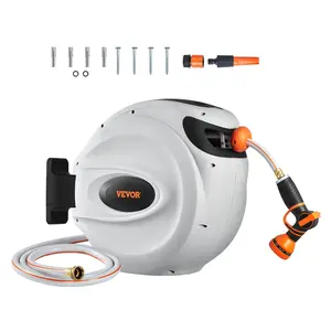 Retractable Hose Reel 65 ft x 5/8 inch 180° Swivel Bracket Wall-Mounted Garden Water Hose Reel with 9-Pattern Nozzle Auto Rewind Lock at Any Length Slow Return System