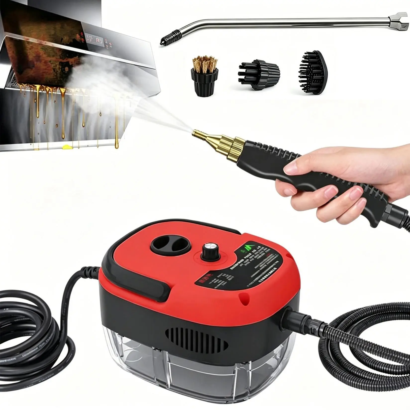 Red 2500W steam cleaner, car steam cleaner, handheld high-temperature and high-pressure steam cleaner, car detailing steam cleaner, comes with 4 Accessories, suitable for cars, kitchens, and bathrooms.