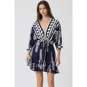Justine 3/4 Dolman Sleeve Waist Tie Abstract Print Mini Dress Navy