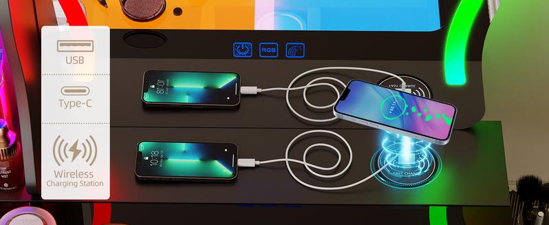 Miu Vanity Makeup Set with Irregular  Mirror Lights, Dressing Table with 6 Drawers, Adjustable Lighting, Charging Station, Vanity Makeup Table