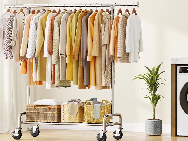 Raybee Furniture Clothes Rack for Hanging Clothing Rack with Hooks, Extendable & Height Adjustable Coat Rack, Heavy Duty Clothes Racks Holds Up to 440LBS, Portable Rolling Garment Rack with Lockable Wheels & 4 Hooks, Chrome【Gift Ideas】