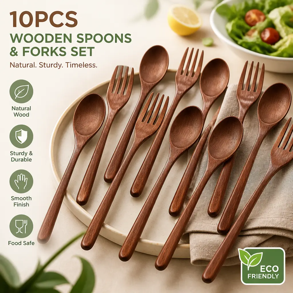 10pcs BPA-Free Natural Handmade Wooden Utensil Set - Compact Reusable Cutlery Tableware, Eco-Friendly Home Cutlery & Kitchen Dining Utensils for Outdoor Camping & Everyday Use